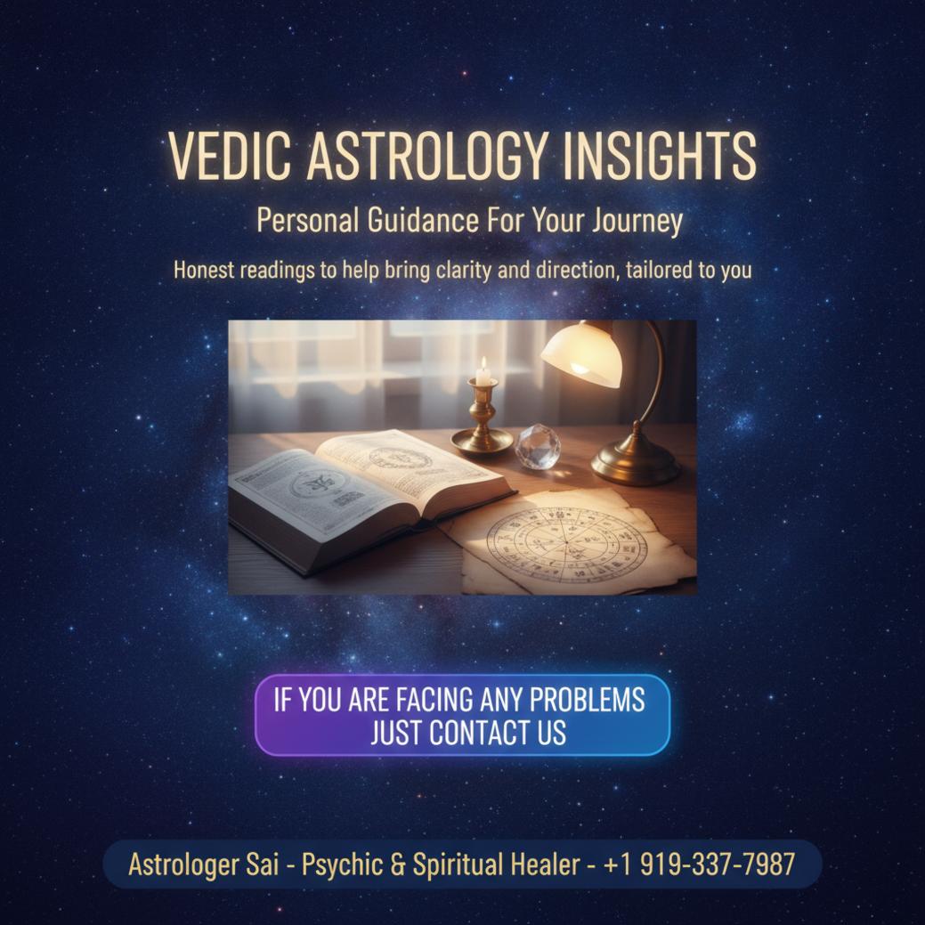 Vedic astrology chart and books on wooden desk in Chapel Hill office