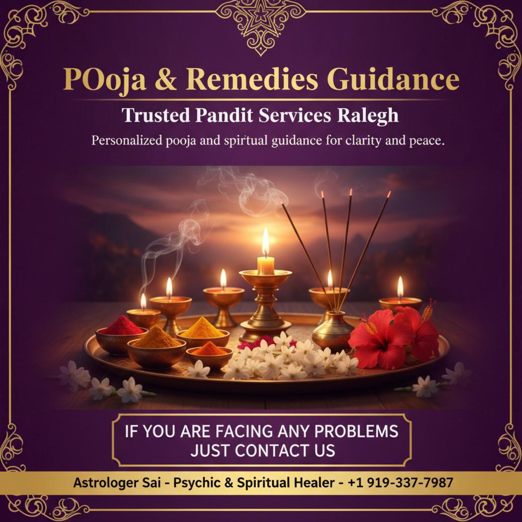 Traditional pooja items arranged on altar for pandit remedies in Raleigh